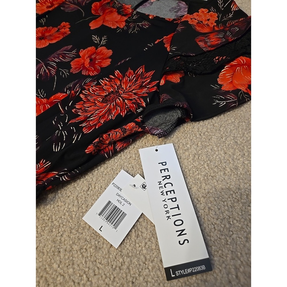 NWT Perceptions Short Sleeve Floral Midi Fit Flare Lace  Dress Sz L Black Red - Picture 3 of 13